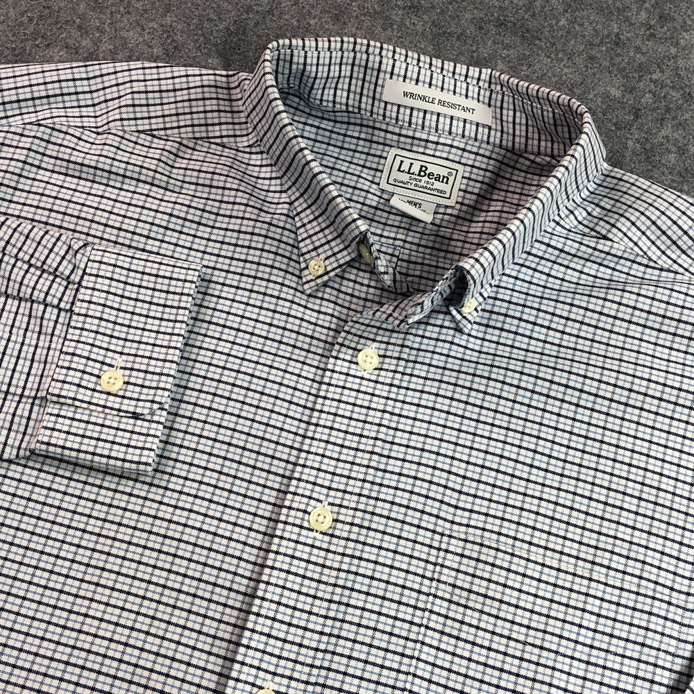 L.L.Bean Mens Button Down Shirt 17-33 Blue Plaid Wrinkle Resistant Cotton